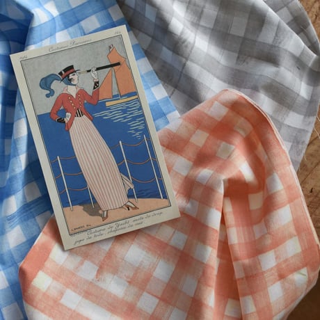 アケモドロ　型染め手ぬぐい　格子　gray・blue・orange