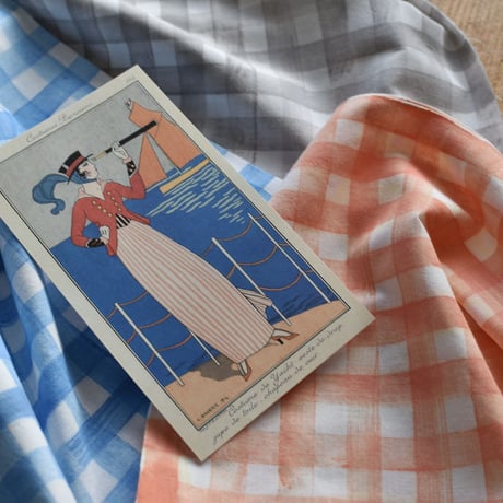 アケモドロ　型染め手ぬぐい　格子　gray・blue・orange