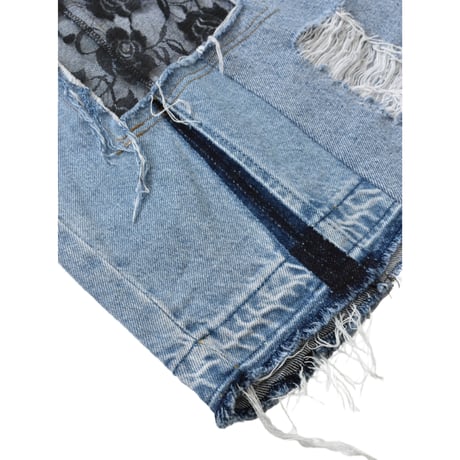 "Remake by VERS" Lace Panel Distressed Denim Trousers
