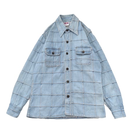 1970s Vintage Grid Panel Denim Shirt Jacket