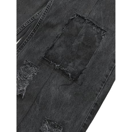 "Remake by VERS" Lace Panel Distressed Denim Trousers
