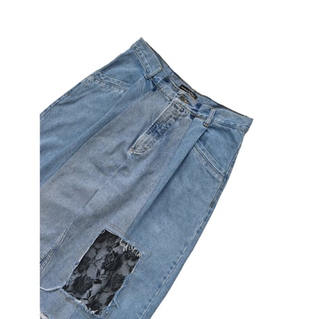 "Remake by VERS" Lace Panel Distressed Denim Trousers