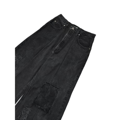 "Remake by VERS" Lace Panel Distressed Denim Trousers