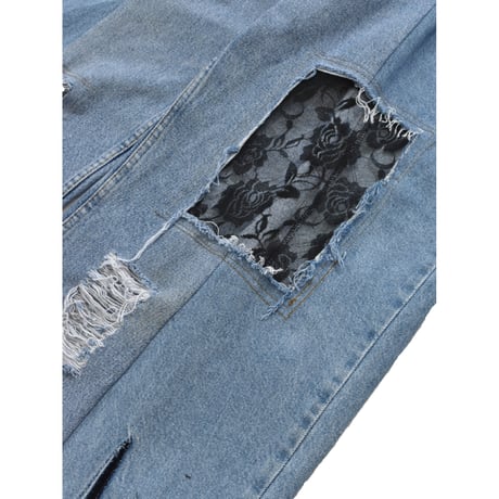 "Remake by VERS" Lace Panel Distressed Denim Trousers