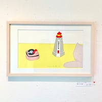 安西水丸「猫とレコードと灯台（ふわふわ）」版画