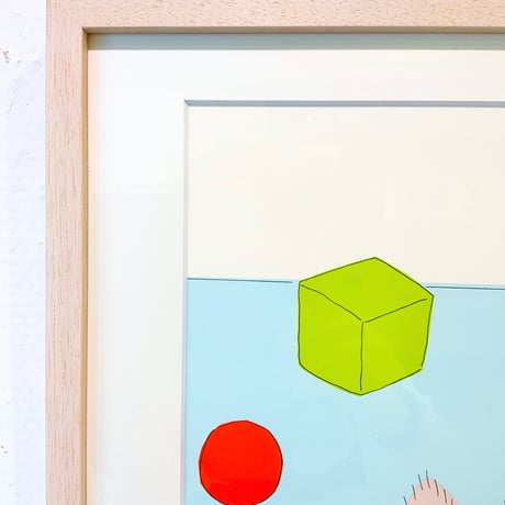 安西水丸「猫とCUBE（ふわふわ）」版画