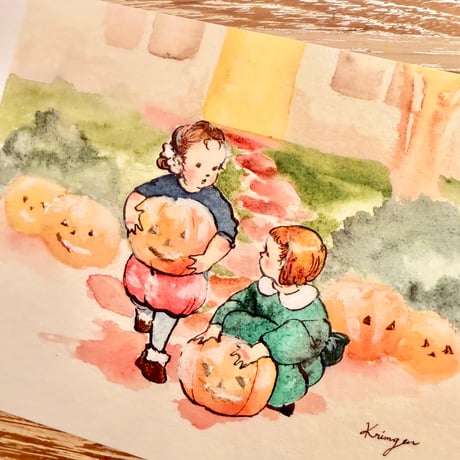 26K-28 "Pumpkin carving" postcard（かぼちゃを彫るポストカード）