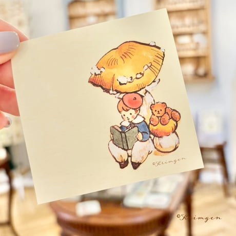 "Reading under mushroom (square) memo sheets"  Set of 40 sheets, きのこの下で読書するメモシート（正方形）