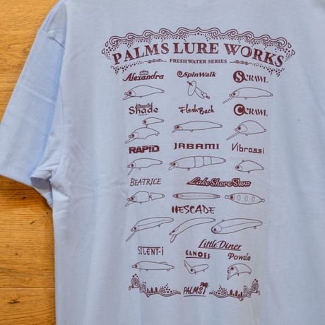 “網代椰子紋” × “PALMS LURE WORKS” FRESH WATER SERIES 6.0oz ヘビーウエイトコットンTシャツ