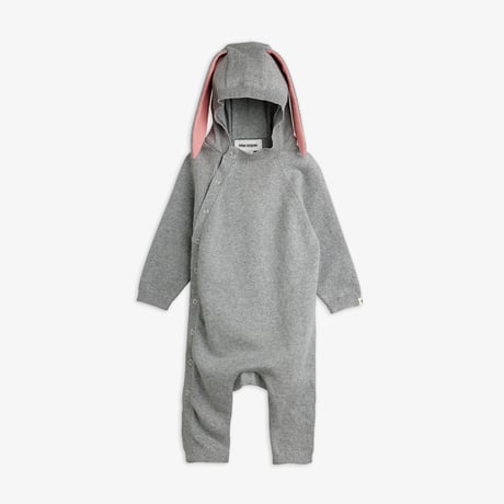 【 MINI RODINI 】Rabbit ear fine knit baby jumpsuit - Grey Melange（68/74）