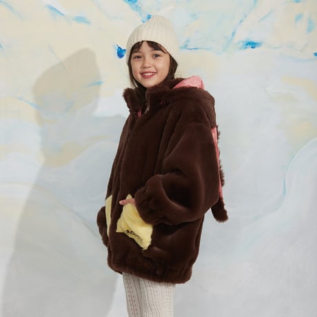 【 MINI RODINI 】Rabbit ear faux fur jacket - Brown