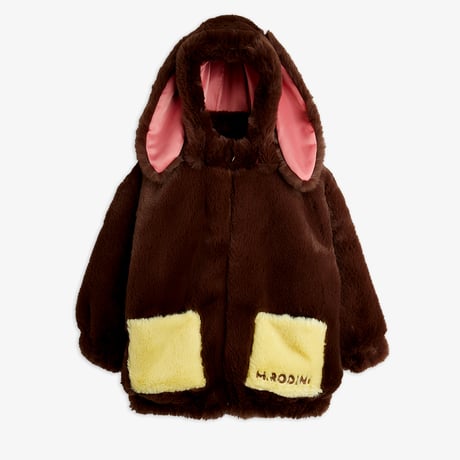 【 MINI RODINI 】Rabbit ear faux fur jacket - Brown