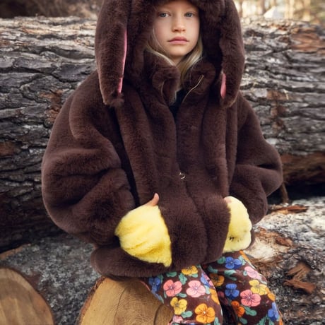 【 MINI RODINI 】Rabbit ear faux fur jacket - Brown