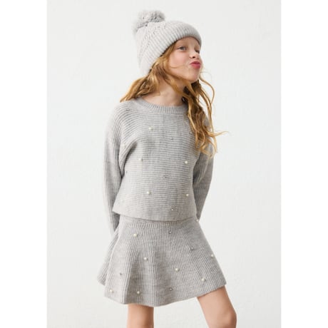 〈mayoral〉Pearl-Embellished Ribbed Knit Flare Skirt ※KIDS