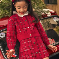 〈mayoral〉Plaid Check Fluffy Knit Cardigan and Skirt Set (Red) ※KIDS