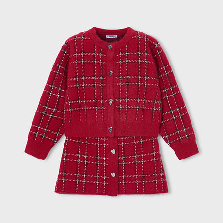 〈mayoral〉Plaid Check Fluffy Knit Cardigan and Skirt Set (Red) ※KIDS