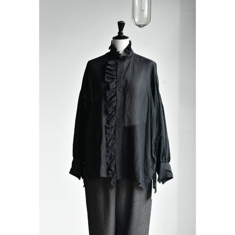 TOUJOURS /  DIFERENT COUNT COTTON SILK KHADI CLOTH BAND COLLAR BISHOP SLEEVE RUFFLE SHIRT