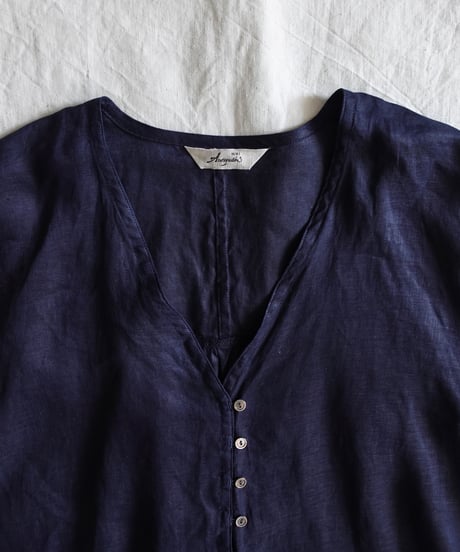 ichiAntiquités 1101111 Linen Canvas V neck Shirt / C : NAVY
