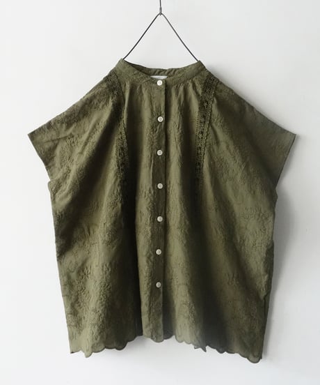i c h i 251120  Cutwork Embroidery Band Collar Shirt / 3 COLORS