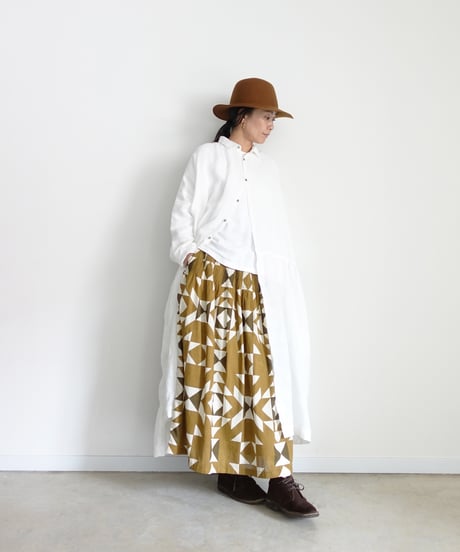 ichiAntiquités 1000943 INDIA Block Print Pin Tuck Skirt / A : KHAKI