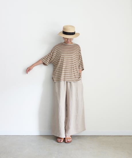 ichiAntiquités 1101147 Linen Border Loose T-shirt / 2 COLORS