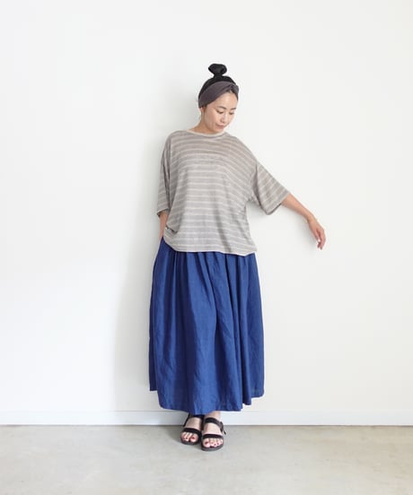 ichiAntiquités 1101147 Linen Border Loose T-shirt / 2 COLORS