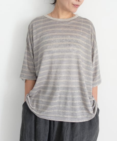 ichiAntiquités 1101147 Linen Border Loose T-shirt / 2 COLORS