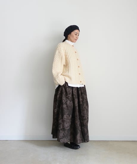 i c h i  260520 Cotton Linen Flower Print Skirt / C : BROWN