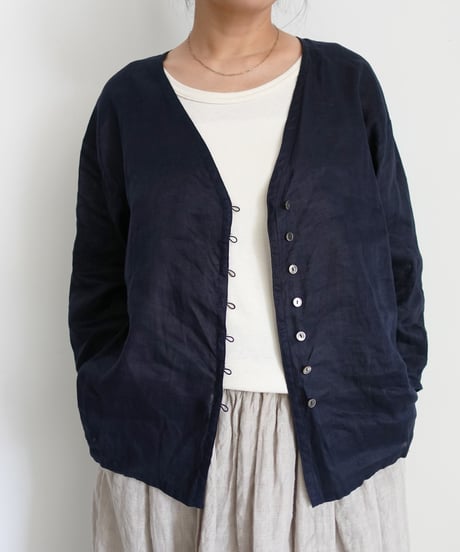 ichiAntiquités 1101111 Linen Canvas V neck Shirt / C : NAVY