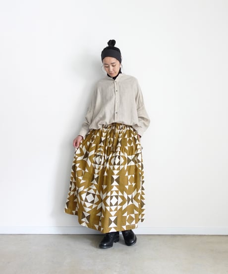 ichiAntiquités 1000943 INDIA Block Print Pin Tuck Skirt / A : KHAKI