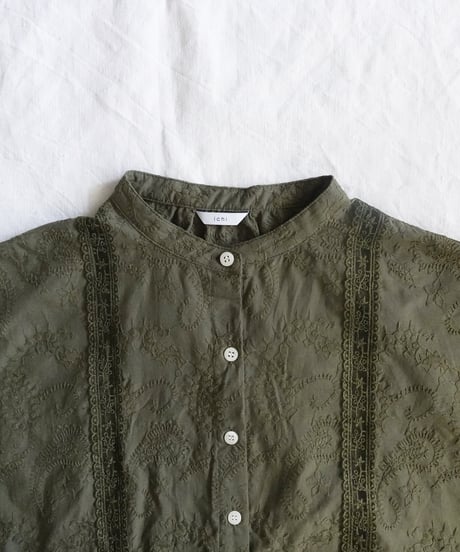 i c h i 251120  Cutwork Embroidery Band Collar Shirt / 3 COLORS