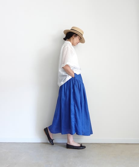 i c h i  251006 French Linen Gathered Skirt / D : BLUE
