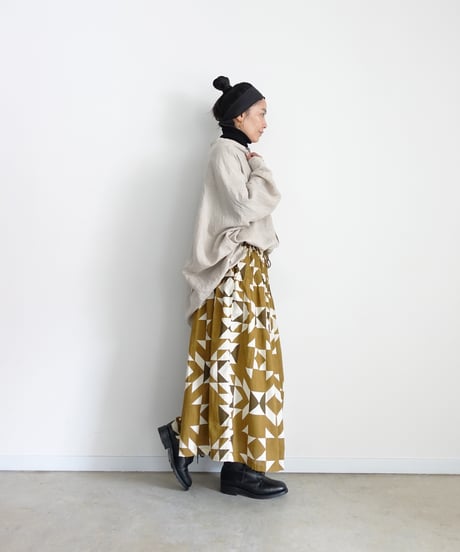 ichiAntiquités 1000943 INDIA Block Print Pin Tuck Skirt / A : KHAKI