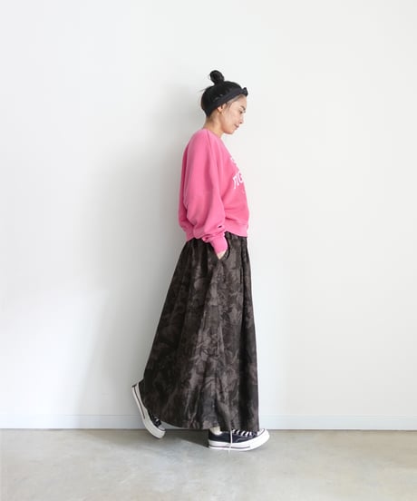 i c h i  260520 Cotton Linen Flower Print Skirt / C : BROWN