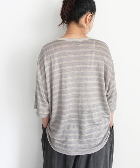ichiAntiquités 1101147 Linen Border Loose T-shirt / 2 COLORS