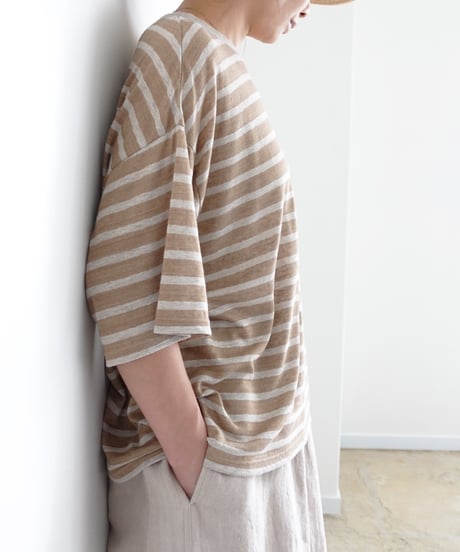ichiAntiquités 1101147 Linen Border Loose T-shirt / 2 COLORS