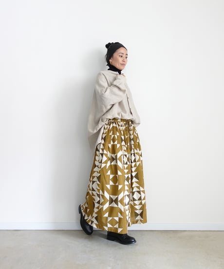 ichiAntiquités 1000943 INDIA Block Print Pin Tuck Skirt / A : KHAKI