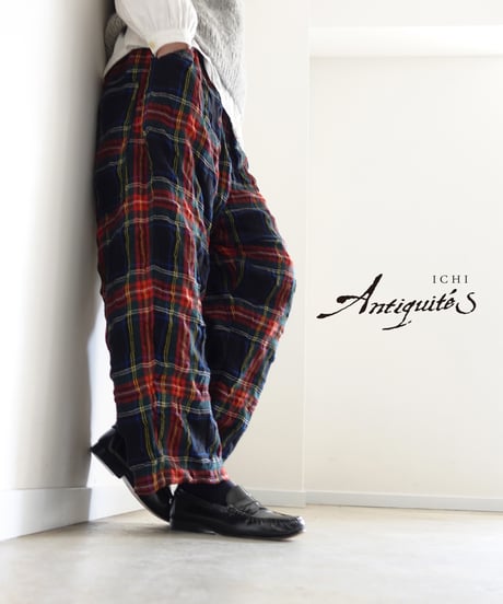 【ONLINE LIMITED】ichiAntiquités  1200324 Cotton Wool BLACK Tartan Relax Pants / B : BLACK