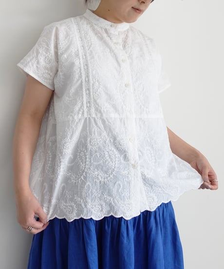 i c h i 251120  Cutwork Embroidery Band Collar Shirt / 3 COLORS