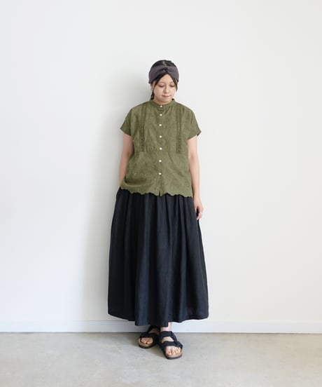 i c h i 251120  Cutwork Embroidery Band Collar Shirt / 3 COLORS