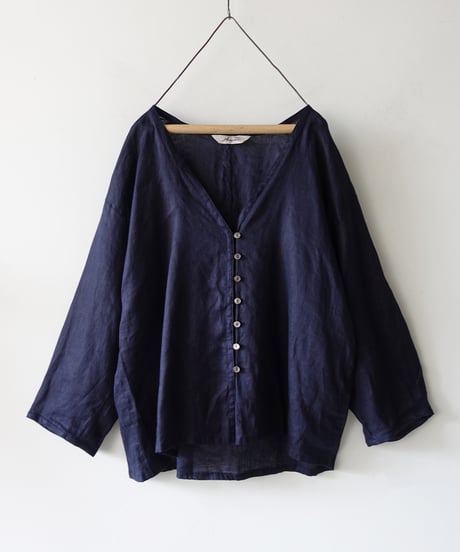 ichiAntiquités 1101111 Linen Canvas V neck Shirt / C : NAVY