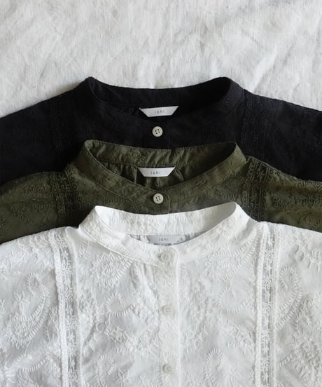 i c h i 251120  Cutwork Embroidery Band Collar Shirt / 3 COLORS