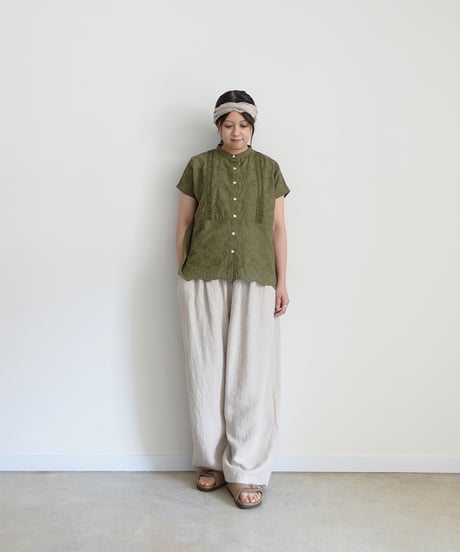 i c h i 251120  Cutwork Embroidery Band Collar Shirt / 3 COLORS