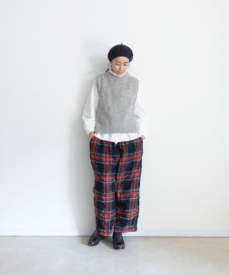 【ONLINE LIMITED】ichiAntiquités  1200324 Cotton Wool BLACK Tartan Relax Pants / B : BLACK