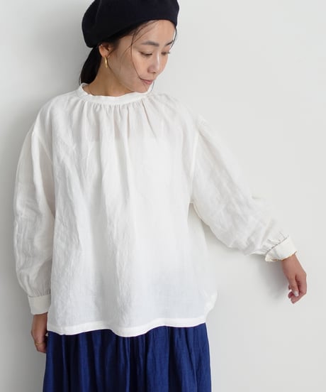 【 LIMITED COLLECTION 】Antiquités noir 800404  Linen Band Collar Blouse / D : WHITE