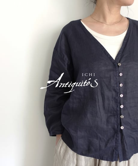 ichiAntiquités 1101111 Linen Canvas V neck Shirt / C : NAVY