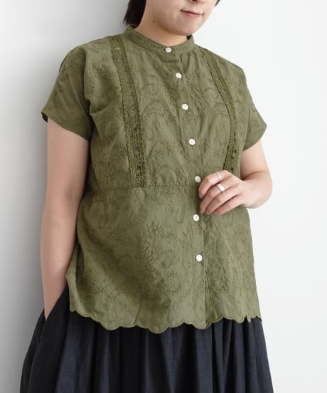i c h i 251120  Cutwork Embroidery Band Collar Shirt / 3 COLORS