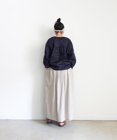 ichiAntiquités 1101111 Linen Canvas V neck Shirt / C : NAVY