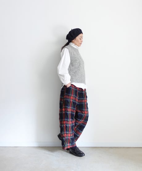 【ONLINE LIMITED】ichiAntiquités  1200324 Cotton Wool BLACK Tartan Relax Pants / B : BLACK