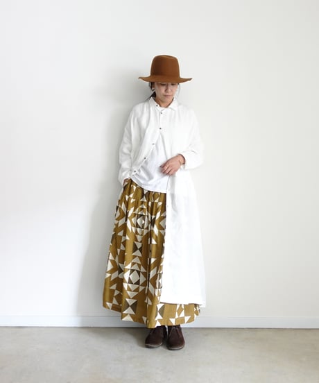 ichiAntiquités 1000943 INDIA Block Print Pin Tuck Skirt / A : KHAKI